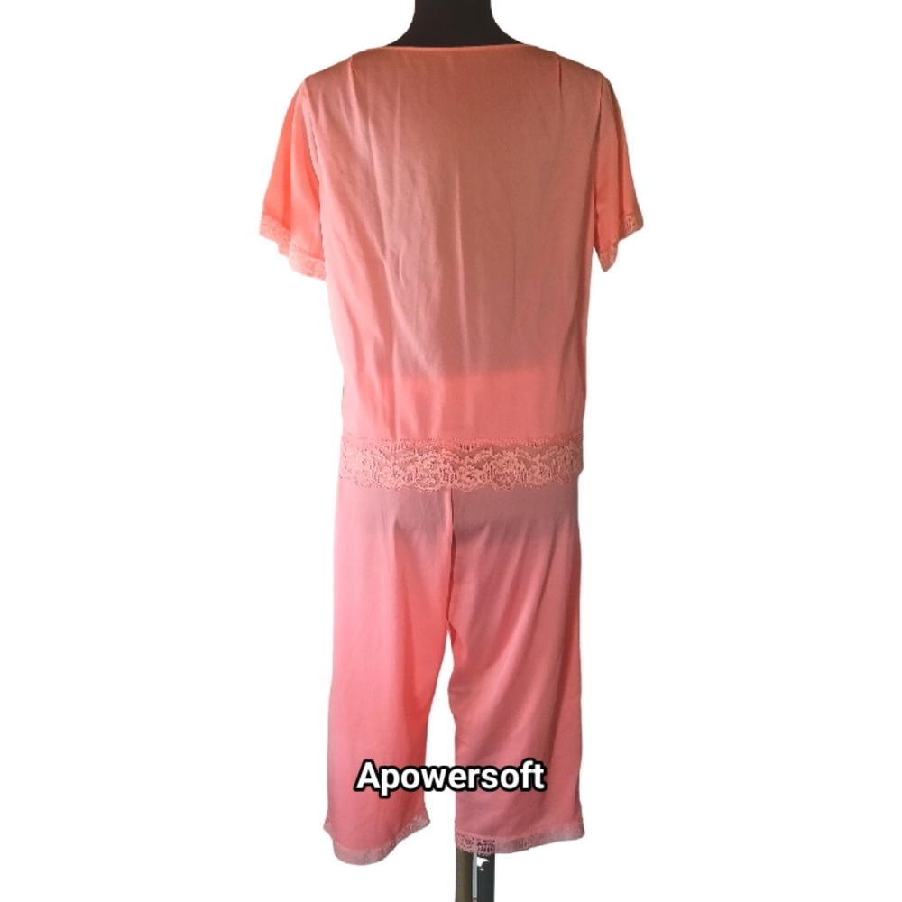 Peachy Pink Pajama Set with Lace Trim and Relaxed Fit - Picture 2 of 7